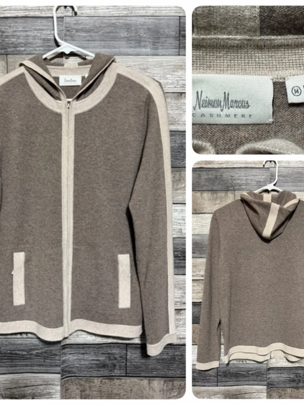 Neiman Marcus 100% Cashmere Hooded Sweater Women’s M Brown Full Zip